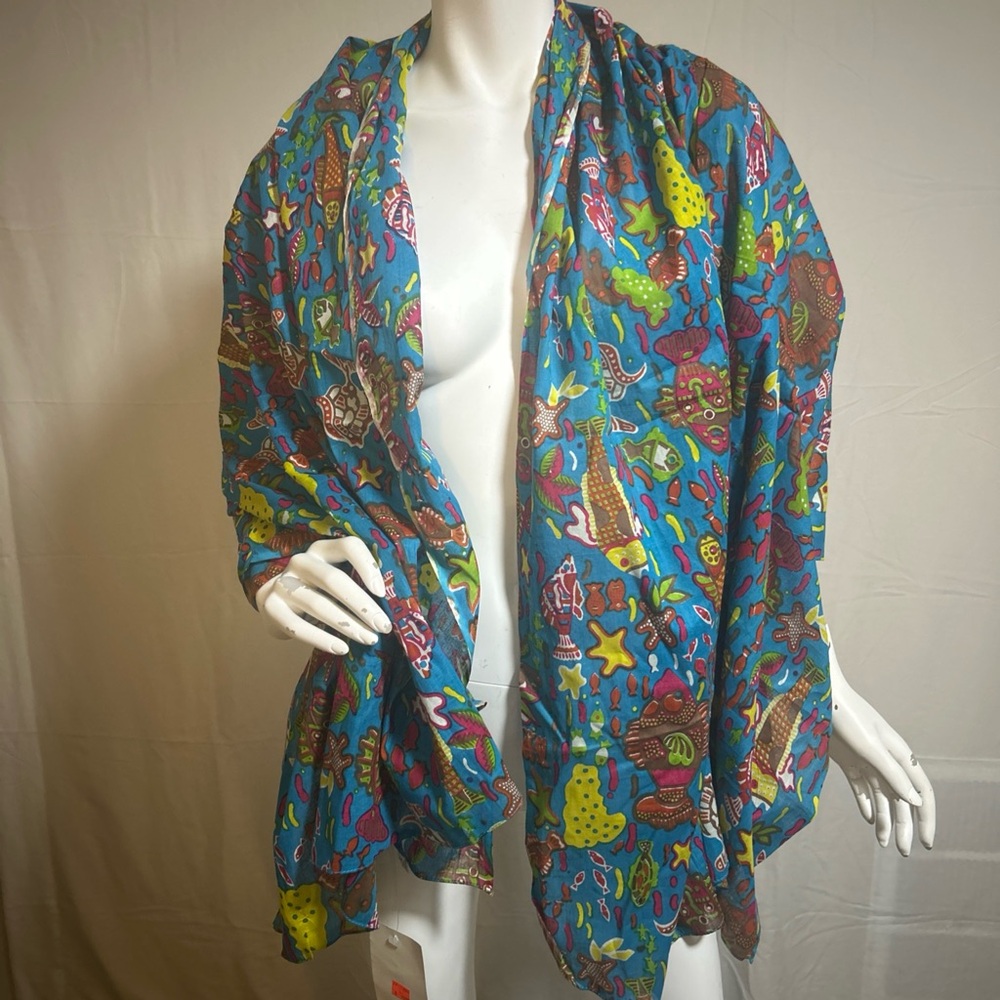 Blue Cotton Scarf with Colorful Tropical Fish Print 70x42 in NWT